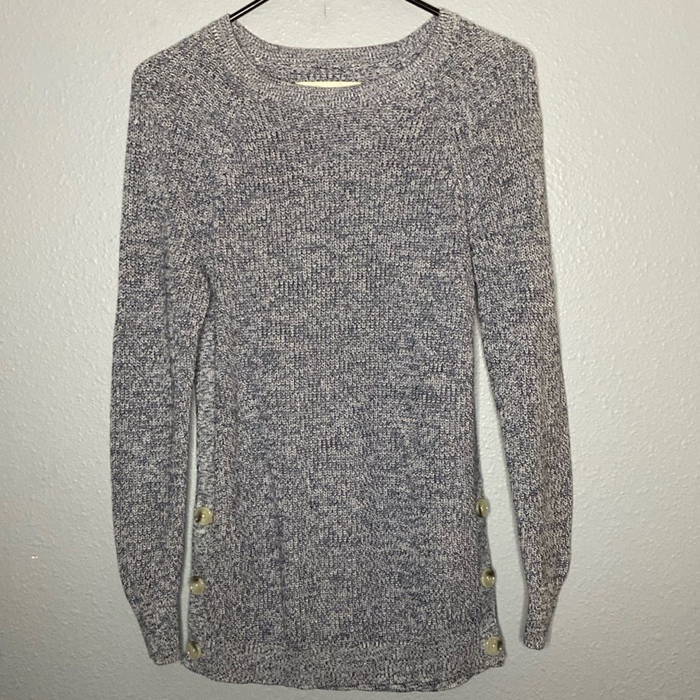 Loft Crew Neck Blue and White Knit Button Detail Sweater Size XS